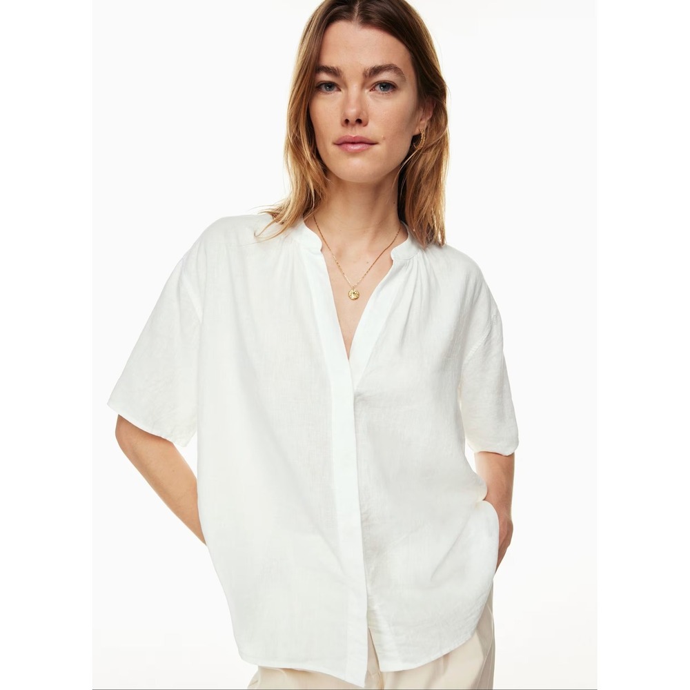 Wilfred Free Aritzia XS White Hanoki Linen Blend Blouse Short Sleeve Button Up